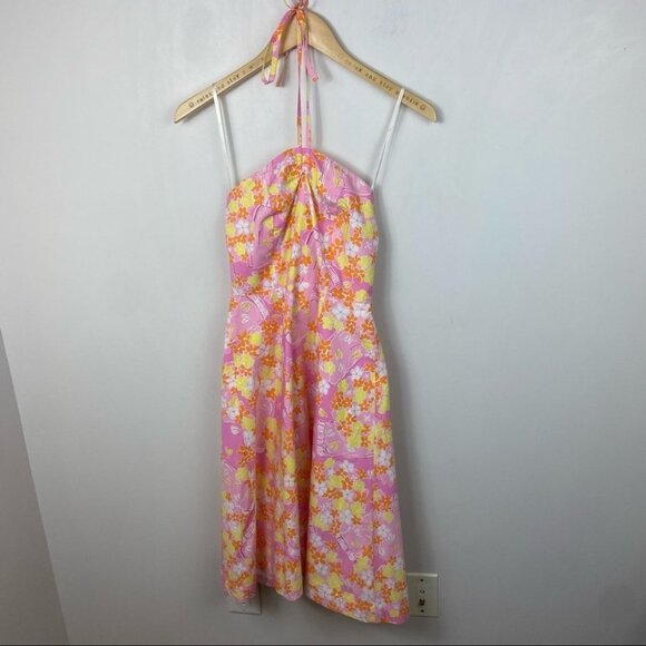 Lilly Pulitzer Pink‎ White Yellow Floral Midi Halter Dress Size 0 Cotton Barbie - Picture 10 of 11